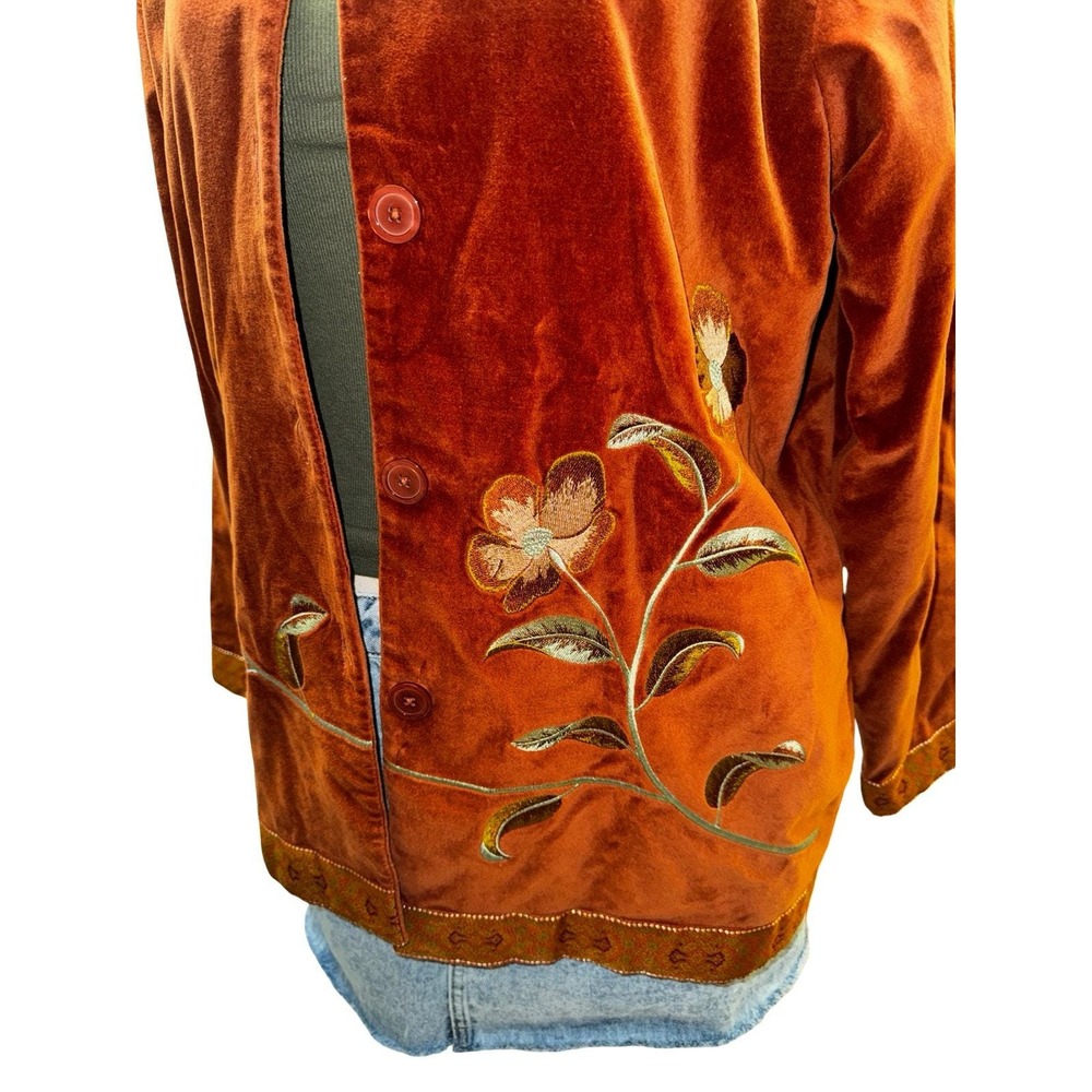 Jessica Holbrook Jacket Women Orange Velvet Floral Embroidered Button Up Size M - Picture 5 of 10